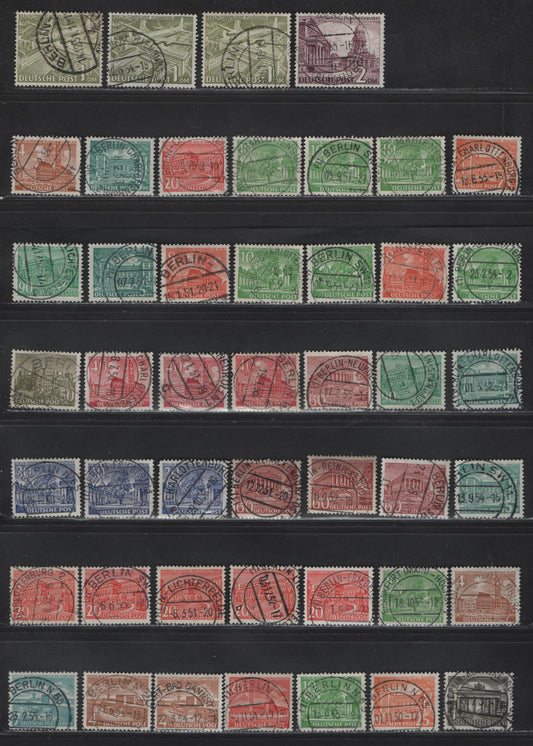 Lot 176 Germany - Berlin SC#9N42/9N58, 9N101-9N102, 9N108 1pf-2Dm Black-Brown Violet Various Buildings & Landmarks, 1949 Building & Landmark Definitives, 45 VF Singles With SON CDS Town Cancels