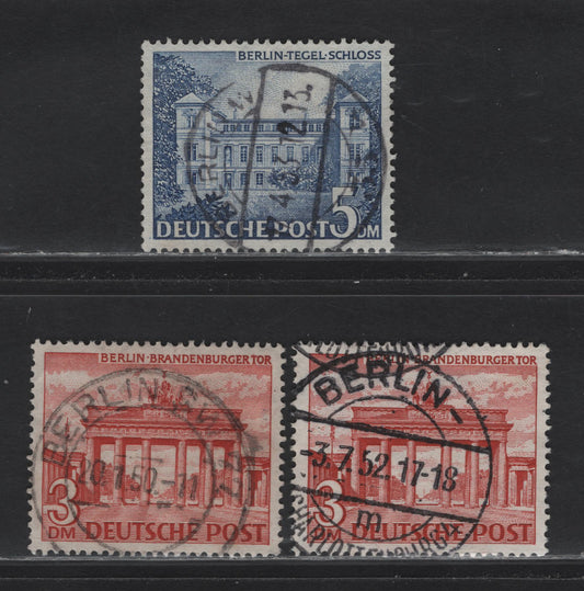 Lot 177 Germany - Berlin SC#9N59-9N60 3DM-5DM Henna Brown & Deep Blue Tegel Schloss & Brandenburg Gate, 1949 Building & Landmark Definitives, 3 VF Singles With SON CDS Berlin Cancels