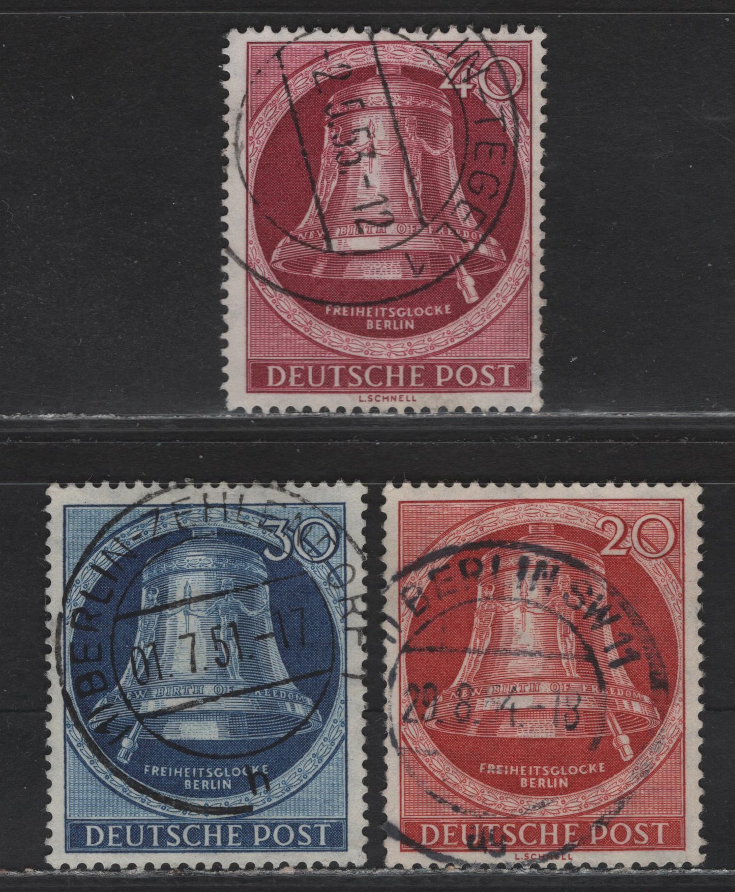 Lot 179 Germany - Berlin SC#9N73, 9N77, 9N79 30pf-40pf Blue - Deep Carmine Freedom Bell, 1951-1952 Freedom Bell Issues, 3 Fine & VF Singles With SON CDS Berlin Cancels, Corner Crease On The 30pf
