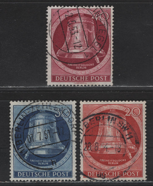 Lot 179 Germany - Berlin SC#9N73, 9N77, 9N79 30pf-40pf Blue - Deep Carmine Freedom Bell, 1951-1952 Freedom Bell Issues, 3 Fine & VF Singles With SON CDS Berlin Cancels, Corner Crease On The 30pf