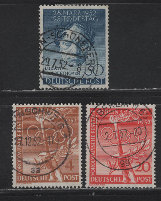 Lot 180 Germany - Berlin SC#9N80-9N81, 9N83 30pf-20pf Blue - Rose Red Beethoven & Olympic Symbols, 1952 125th Death Anniversary of Beethoven & Pre-Olympic Festival Day, 3 VF Singles With SON CDS Town Cancels