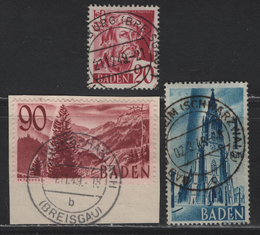Lot 18 Germany - French Zone - Baden SC#5N27, 5N37, 5N40 1m - 90pf Bright Blue - Rose Brown Pictorial, 1948-1949 Pictorial Definitives, 3 Fine/Very Fine Used Singles, SON Cancels With 90pf Tied To Piece