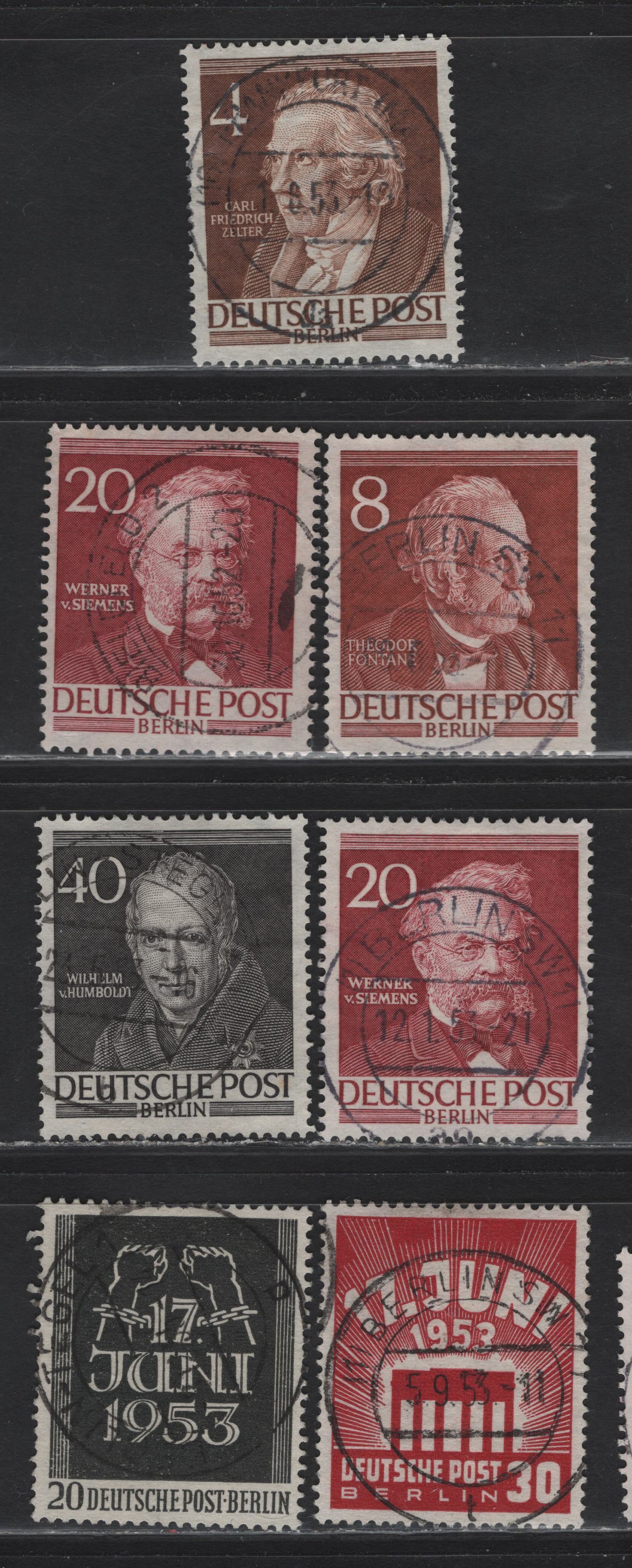 Lot 181 Germany - Berlin SC#9N84, 9N87, 9N90, 9N93, 9N99-9N100 4pf-30pf Brown-Deep Carmine Carl Freidrich Zelter - Brandenburg Gate, 1952-1953  Portraits - East German Workers' Strike, 7 Fine & VF Singles With SON CDS Berlin Cancels
