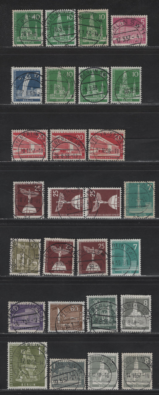 Lot 183 Germany - Berlin SC#9N120/9N135 1pf-1DM Grey-Olive Various Buildings & Landmarks, 1956-1963 Building & Landmark Definitives, 25 VF Singles and 1 Pair With SON CDS Berlin Cancels