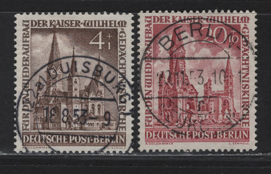 Lot 184 Germany - Berlin SC#9NB8, 9NB10 4+1pf, 20+10pf Brown & Carmine Kaiser Wilhelm Memorial Church, 1953 Church Reconstruction Issue, 2 VF Singles With SON 1953 Berlin & Duisburg Cancels