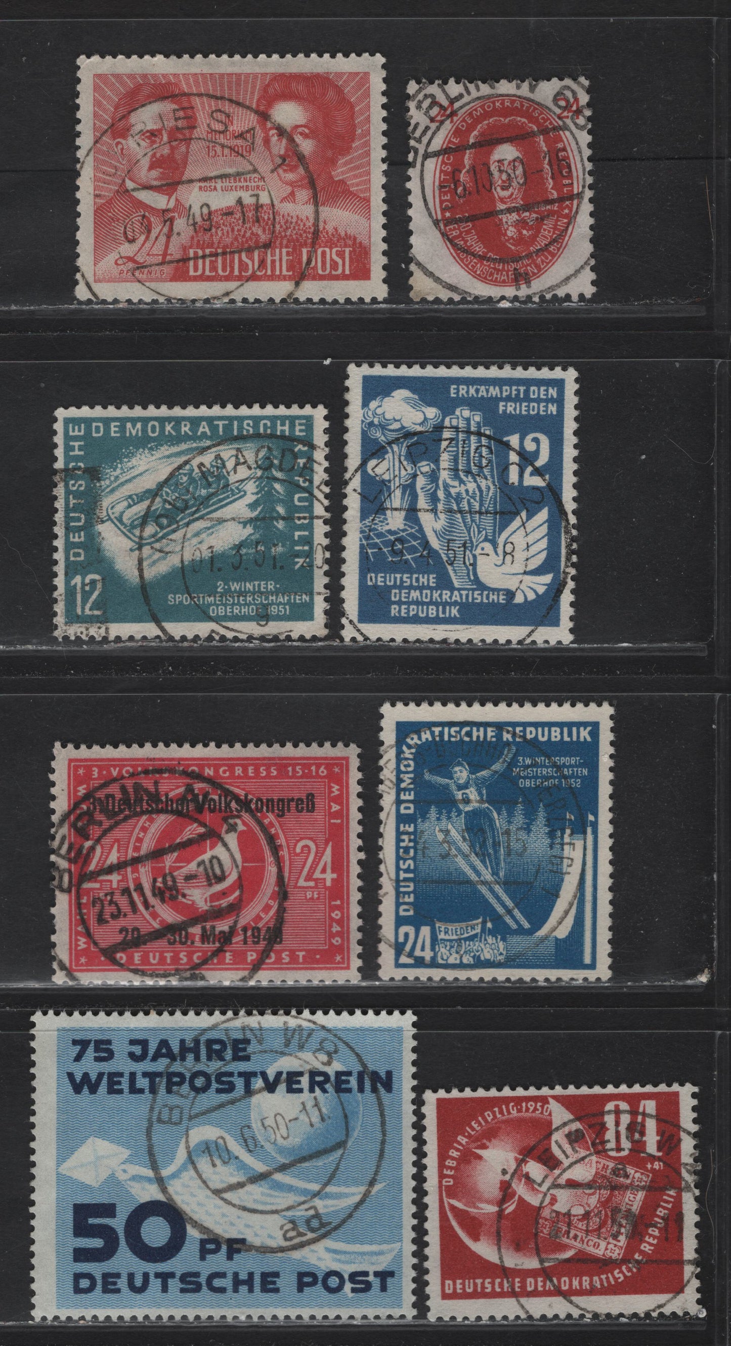 Lot 185 German Democratic Republic SC#10N45, 10N47, 48, 66, 73, 76, 95, B21 50pf - 84+41pf Light Blue & Dark Blue - Brown Red 1949-1952 UPU Issue - Stamp Exhibition Issue, 8 Fine & VF Singles With SON CDS Town Cancels