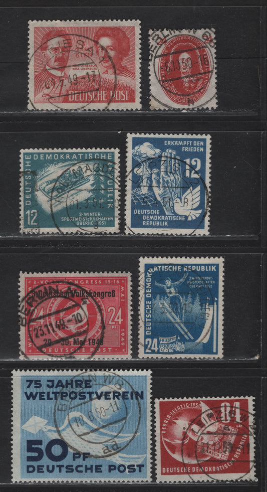 Lot 185 German Democratic Republic SC#10N45, 10N47, 48, 66, 73, 76, 95, B21 50pf - 84+41pf Light Blue & Dark Blue - Brown Red 1949-1952 UPU Issue - Stamp Exhibition Issue, 8 Fine & VF Singles With SON CDS Town Cancels