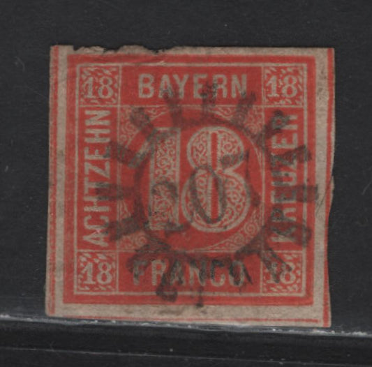 Lot 19 Germany - Bavaria SC#14 18kr Vermillion Red Numeral, 1862 Numeral Issue, A Fine Used Single, #207 Closed Millwheel Cancel For Lichtenfels, Small Wrinkle At The Top, Jumbo Margins On 3 Sides & Close To Just Clear At Top