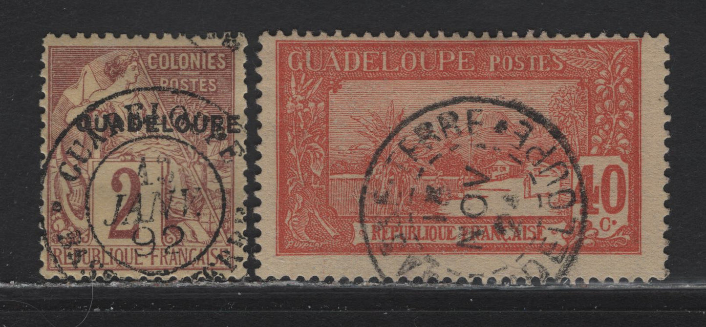 Lot 195 Guadeloupe SC#15, 71 2c, 40c Brown on Buff, Red On Straw Peace & Commerce & La Soufriere, 1891-1927 Overprints & Pictorial Keyplate Definitives, 2 Fine Singles With SON CDS Town Cancels