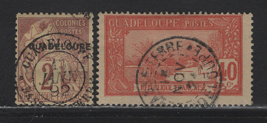 Lot 195 Guadeloupe SC#15, 71 2c, 40c Brown on Buff, Red On Straw Peace & Commerce & La Soufriere, 1891-1927 Overprints & Pictorial Keyplate Definitives, 2 Fine Singles With SON CDS Town Cancels