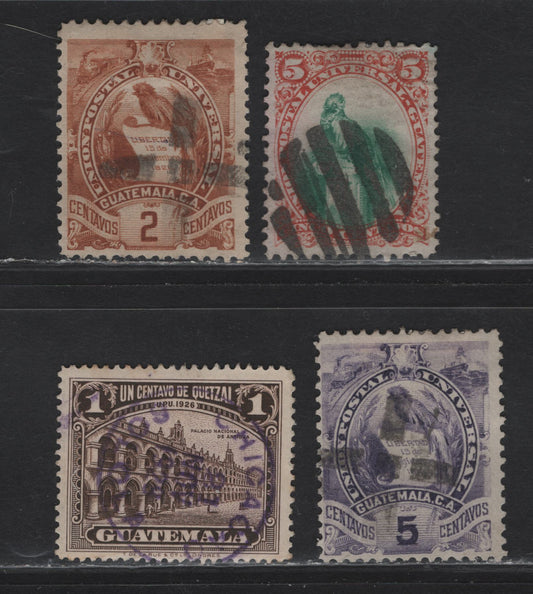 Guatemala SC#23, 44, 46, 234 5c - 1c Red & Green - Dark Brown Quetzal -National Palace at Antigua, 1881-1929 Quetzal Issues - Pictorial Definitives, 4 Fine & VF Singles With SON Segmented Cork and CDS Cancels