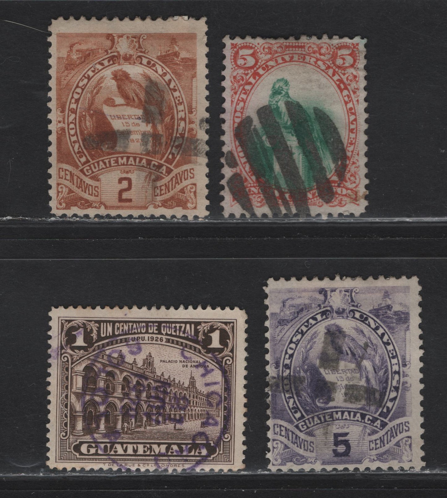 Lot 196 Guatemala SC#23, 44, 46, 234 5c - 1c Red & Green - Dark Brown Quetzal -National Palace at Antigua, 1881-1929 Quetzal Issues - Pictorial Definitives, 4 Fine & VF Singles With SON Segmented Cork and CDS Cancels