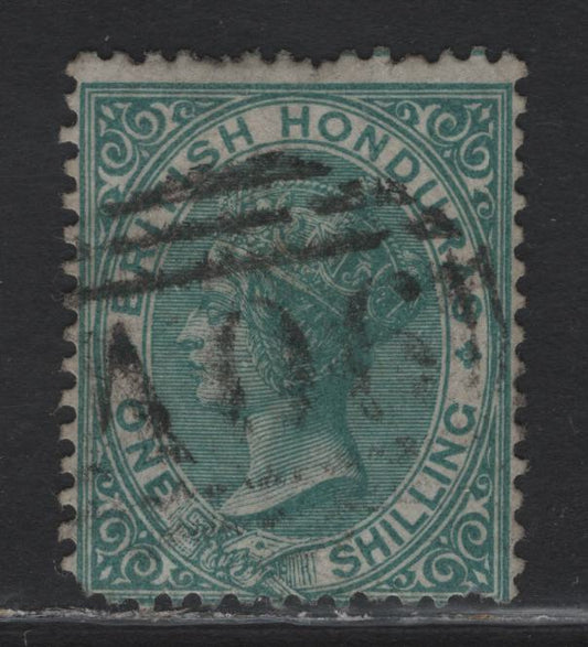 Lot 206 British Honduras SG#4 1/- Deep Green Queen Victoria, 1872-1879 Queen Victoria Sideface Young Portrait Issue, A Very Good Used Single, Perf 12.5, Several Nibbed Perfs, Unwatermarked.