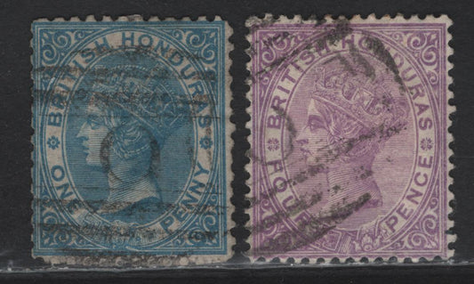 Lot 207 British Honduras SG#6, 20 1d - 4d Deep Blue - Mauve Queen Victoria, 1872-1887 Queen Victoria Sideface Young Portrait Issues, 2 Fine/Very Fine Used Singles, Perfs 12.5 & 14, Crown CC & CA Wmks, Barrel 'O' Cancels For Belize City.