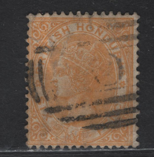 Lot 207a British Honduras SG#21 6d Yellow Queen Victoria, 1882-1887 Queen Victoria Sideface Young Portrait Issue, A Good Used Single, Barred '0' Cancel For Belize City, Perf 14, Crown CA Wmk, Corner Creases AT UL & LR.