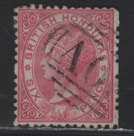 Lot 209 British Honduras SG#9a 6d Bright Rose Queen Victoria, 1872-1879 Queen Victoria Sideface Young Portrait Issue, A Very Fine Used Single, Perf 12.5, Crown CC Wmk