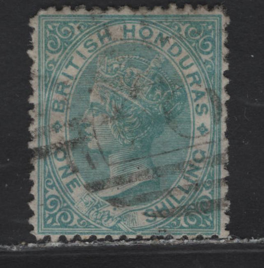 Lot 210 British Honduras SG#10 1/- Green Queen Victoria, 1872-1879 Queen Victoria Sideface Young Portrait Issue, A Fine Used Single, Perf 12.5, Crown CC Wmk