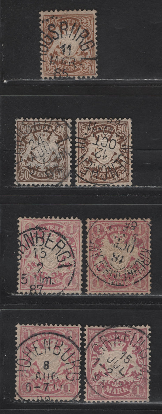 Lot 21 Bavaria Michel#51, 52, 53, 53ya, 53yb (SC# 52, 53, 54a, 54, 54c) 25pf - 1m Yellow Brown - Rose Lilac/Brownish Lilac Arms, 1881-1911 Embossed Arms Issue, 7 Fine/Very Fine Used Singles, Vertical Wavy Lines Wmk, Perf 11.5, SON Dated Town Cancels.