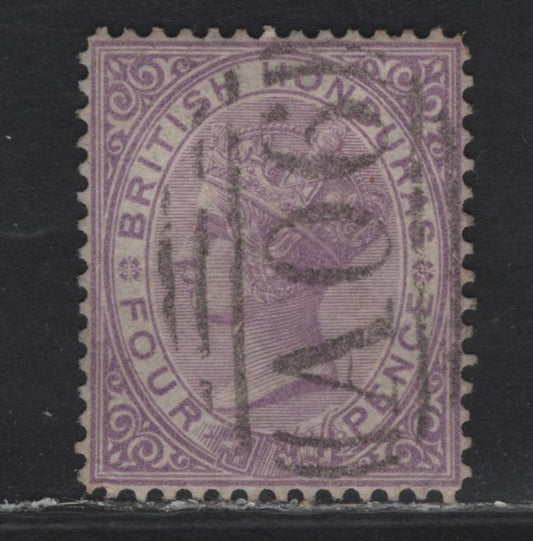 Lot 211 British Honduras SG#14 4d Mauve Queen Victoria, 1877-1879 Queen Victoria Sideface Young Portrait Issue, A Very Fine Used Single, Perf 14, Crown CC Wmk, Beautifully Centered Example With SON AO6 Barred Cancel For Belize.