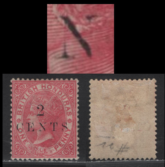 Lot 215 British Honduras SG#27 2c on 1d Rose Queen Victoria, 1888 Surcharged Issue, A VFOG Single, Showing Unlisted Broken N In Cents
