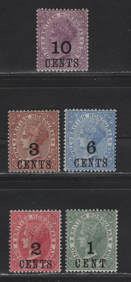 Lot 218 British Honduras SG#36-40 1c on 1d - 10c on 4d Dull Green - Mauve Queen Victoria, 1888-1891 Surcharged Issue, 5 F/VFOG Singles