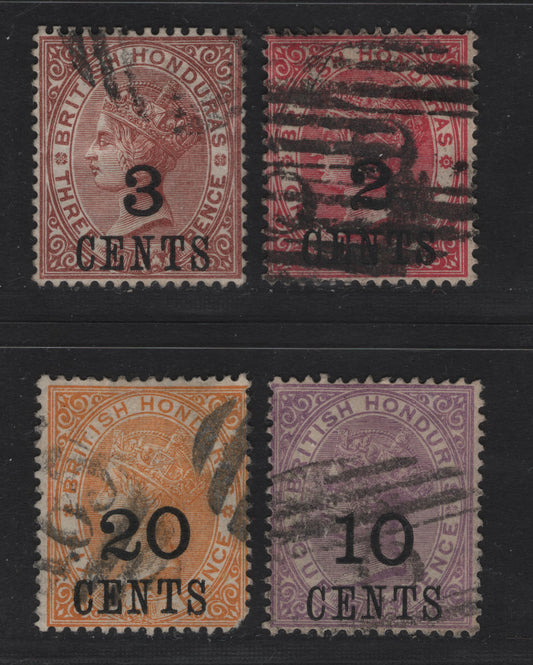 Lot 219 British Honduras SG#37-38, 40-41 2c on 1d - 20c on 6d Carmine - Yellow Queen Victoria, 1888-1891 Surcharged Issue, 4 Fine/Very Fine Used Singles