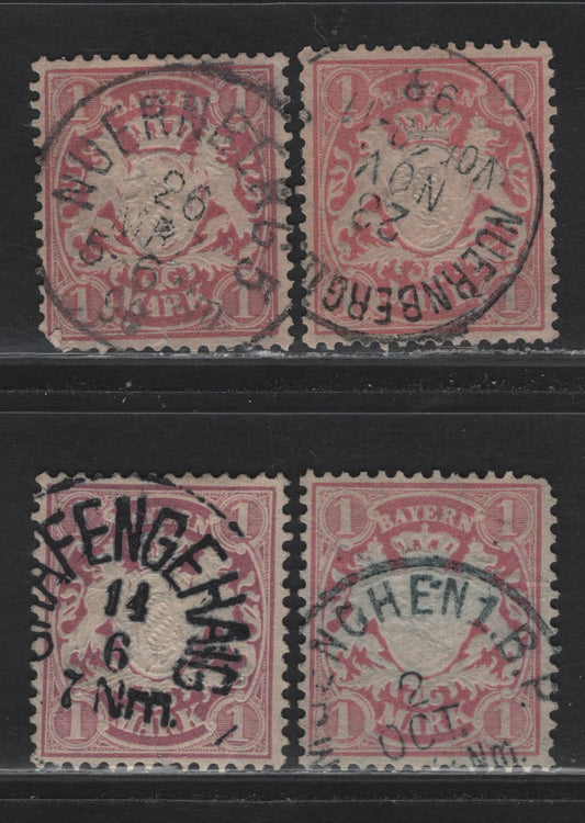 Lot 22 Bavaria SC#54-b 1m Brownish Lilac - Brownish Purple Arms, 1881-1911 Embossed Arms Issue, 4 Very Fine Used Singles, All On Toned Paper Which Varies From Very Pale Orange To Orange White, SON Town Cancels Include Shafenhaig, Nuremburg & Munich