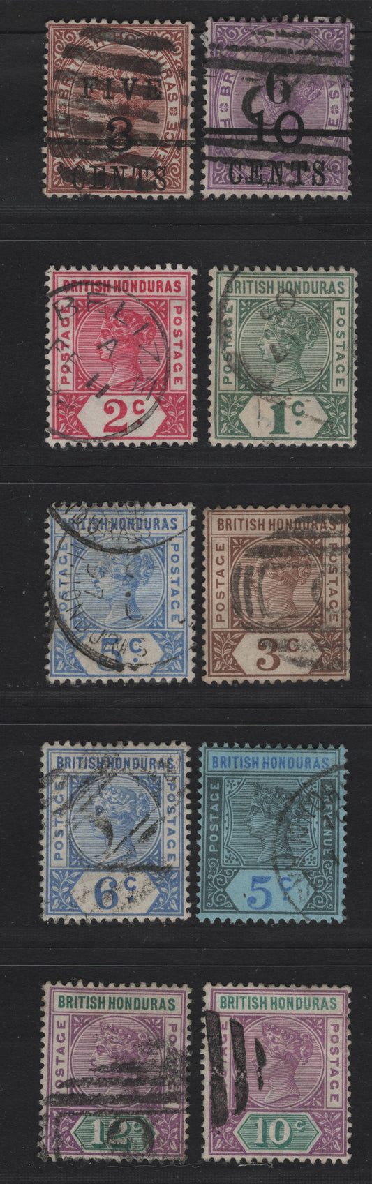 Lot 221 British Honduras SG#44, 49, 51-57, 59 6c on 10c on 4d - 12c  , 1891-1901 Surcharge - Queen Victoria Imperium Keyplates Issues, 10 Fine/Very Fine Used Singles, Barred "0" Cancels From Belize City, 2c Has Feb 11 1898 Belize CDS