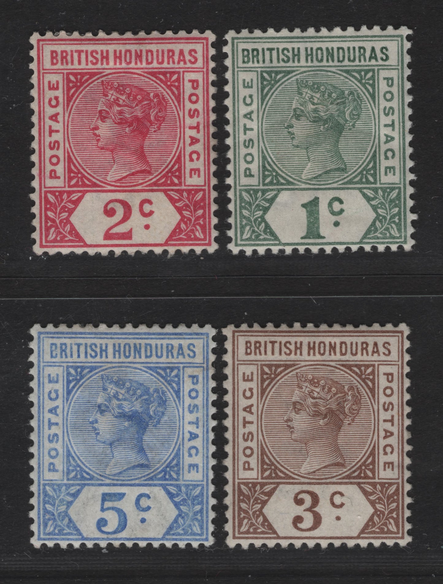 Lot 222 British Honduras SG#51-54 1c - 5c Dull Green - Ultramarine Queen Victoria, 1891-1901 Queen Victoria Imperium Keyplates Issue, 4 VFOG Singles