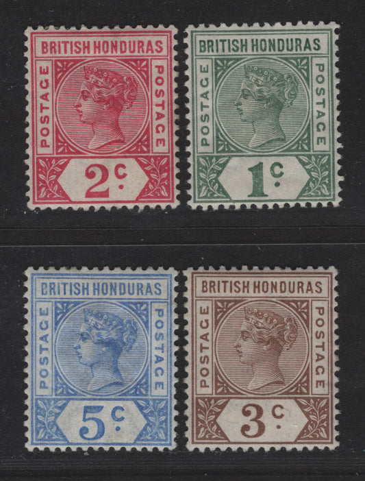 Lot 222 British Honduras SG#51-54 1c - 5c Dull Green - Ultramarine Queen Victoria, 1891-1901 Queen Victoria Imperium Keyplates Issue, 4 VFOG Singles