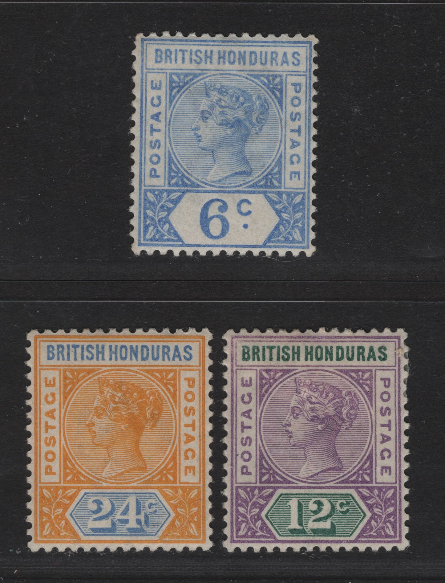 Lot 223 British Honduras SG#56, 59-60 6c - 24c Ultramarine - Yellow & Blue Queen Victoria, 1891-1901 Queen Victoria Imperium Keyplates Issue, 3 VFOG Singles