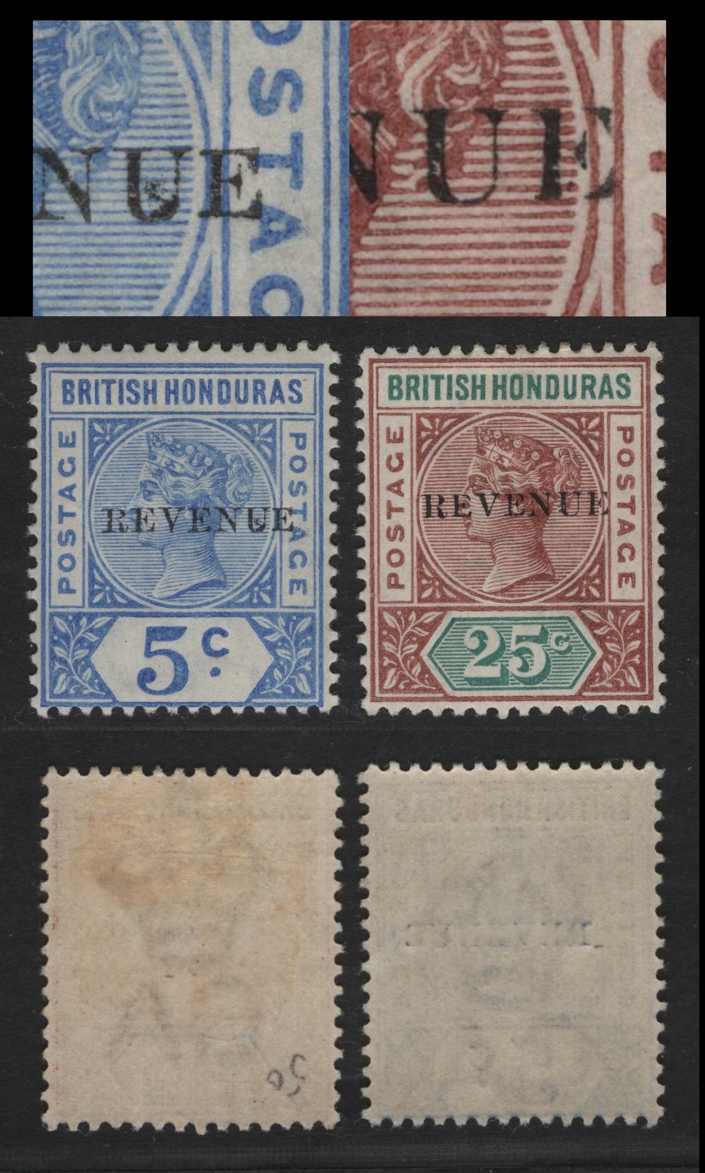 Lot 224 British Honduras SG#66, 68 5c - 25c Ultramarine - Red Brown & Green Queen Victoria, 1899 Revenue Overprinted Issue, 2 F/VFOG Singles, 12mm Overprints Showing Unlisted 'Dropped E' In Revenue On 5c & Broken 'E' On 25c