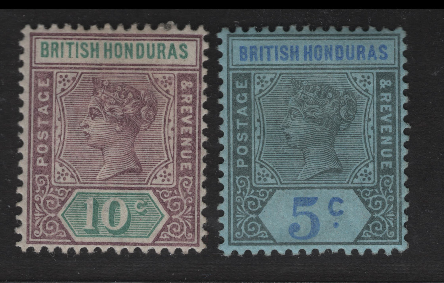 Lot 225 British Honduras SG#55, 58 5c - 10c Gray Black & Ultramarine on Blue - Dull Purple & Green Queen Victoria, 1891-1901 Queen Victoria Imperium Keyplates Issue, 2 VFOG Singles