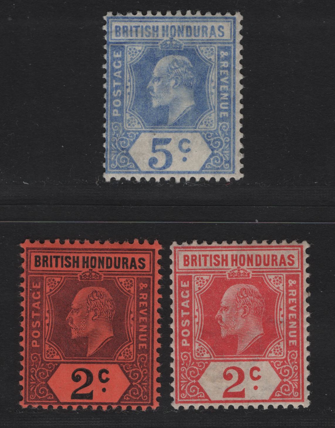 Lot 229 British Honduras SG#85, 96-97 2c - 5c Purple & Black onRed - Ultramarine King Edward VII, 1904-1908 King Edward VII Imperium Keyplate Issue, 3 F/VFOG Singles, Crown CA Wmk, Ordinary Paper