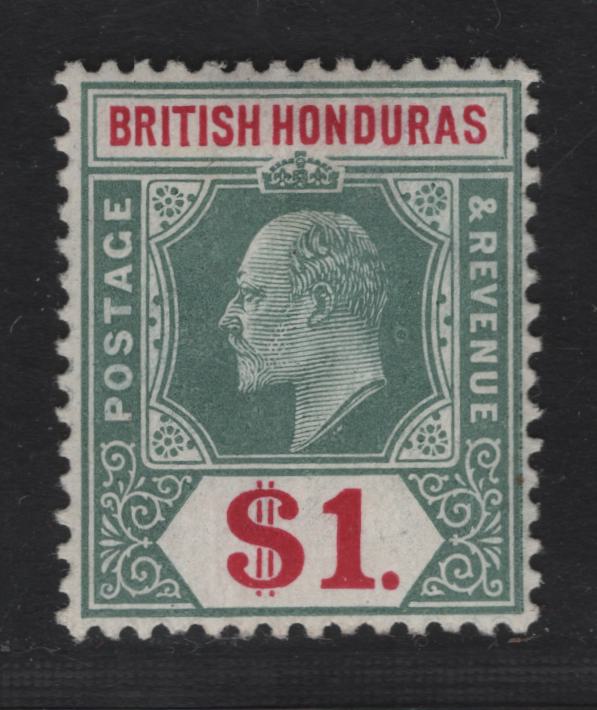 Lot 232 British Honduras SG#91 $1 Gray Green & Carmine King Edward VII, 1904-1908 King Edward VII Imperium Keyplate Issue, A VFOG Single, Chalk Surfaced Paper