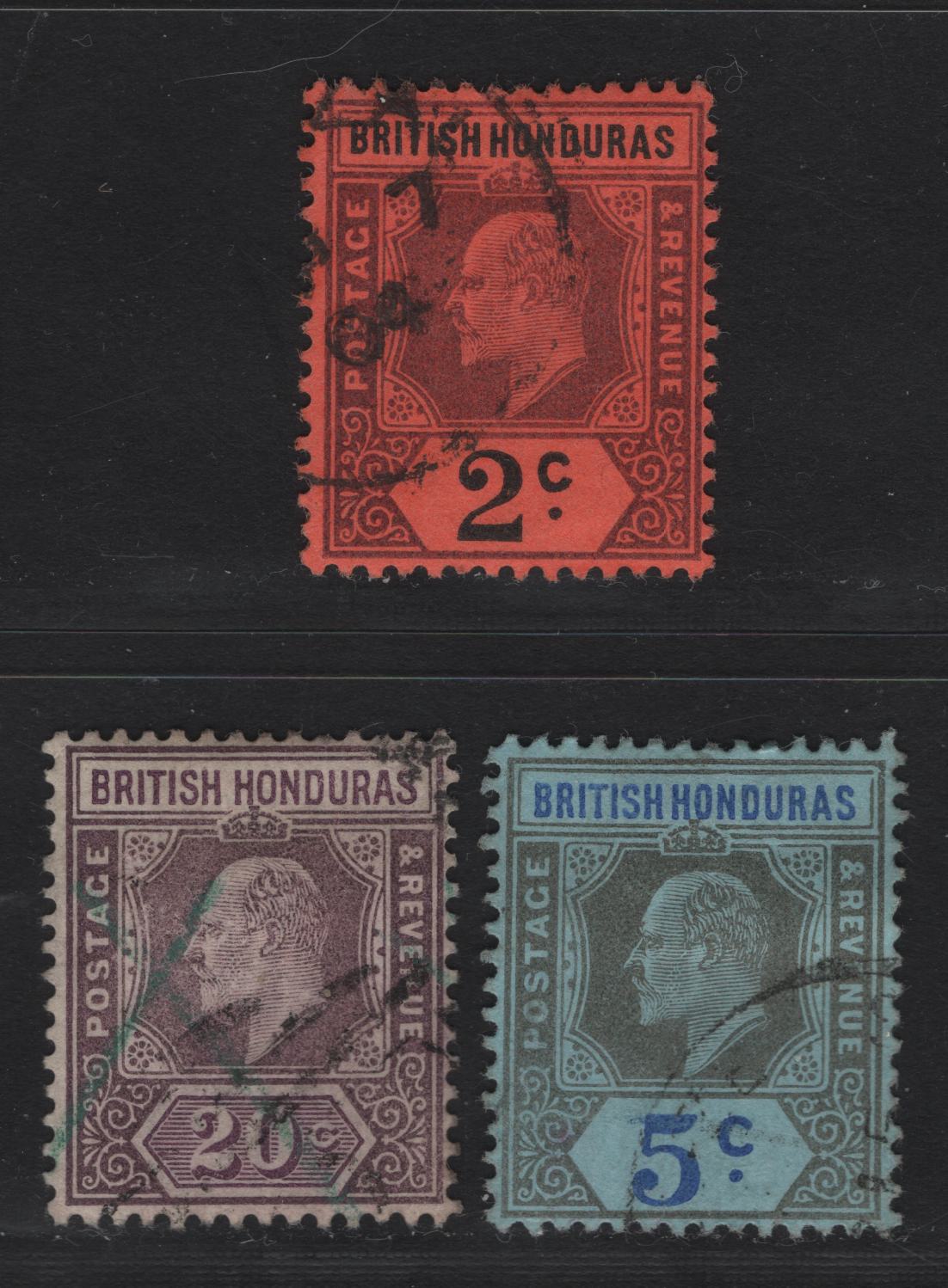 Lot 233 British Honduras SG#81-83 2c - 20c Purple & Black on Red - Dull & Bright Purple King Edward VII, 1902-1904 King Edward VII Imperium Keyplate Issue, 3 Very Good/Fine/Very Fine Used Singles