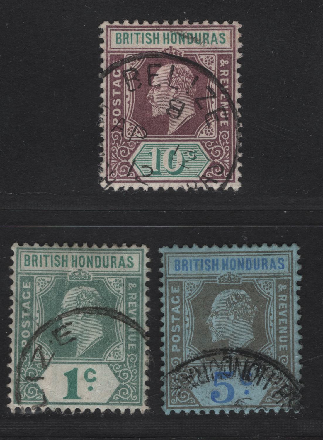Lot 234 British Honduras SG#84a, 86-87 1c - 10c Gray Green & Green - Dull Purple & Emerald Green , 1904-1907 King Edward VII Imperium Keyplate Issue, 3 Fine/Very Fine Used Singles, Key Stamp Is The 10c And Has A SON April 12 1912 Belize CDS Cancel