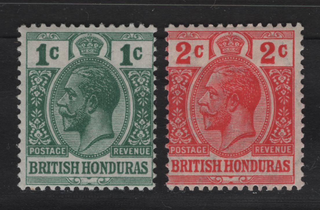 Lot 236 British Honduras SG#101-102a 1c - 2c Blue Green - Bright Scarlet King George V, 1913-1921 KGV Keyplates Issue, 2 VG/FOG Singles, Crown CA Wmk