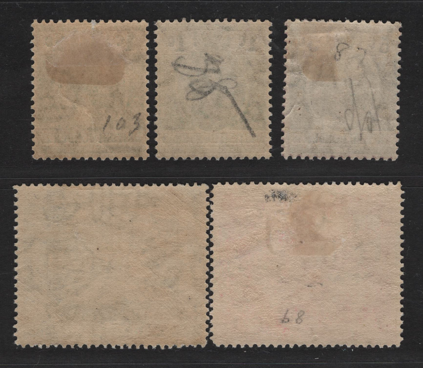 Lot 239 British Honduras SG#111, 113, 121-123 1c - 5c Green - Bright Blue King George V, 1915-1921 Wartime Security Overprints - Keyplate Issues, 5 F/VFOG Singles, Script CA Wmk