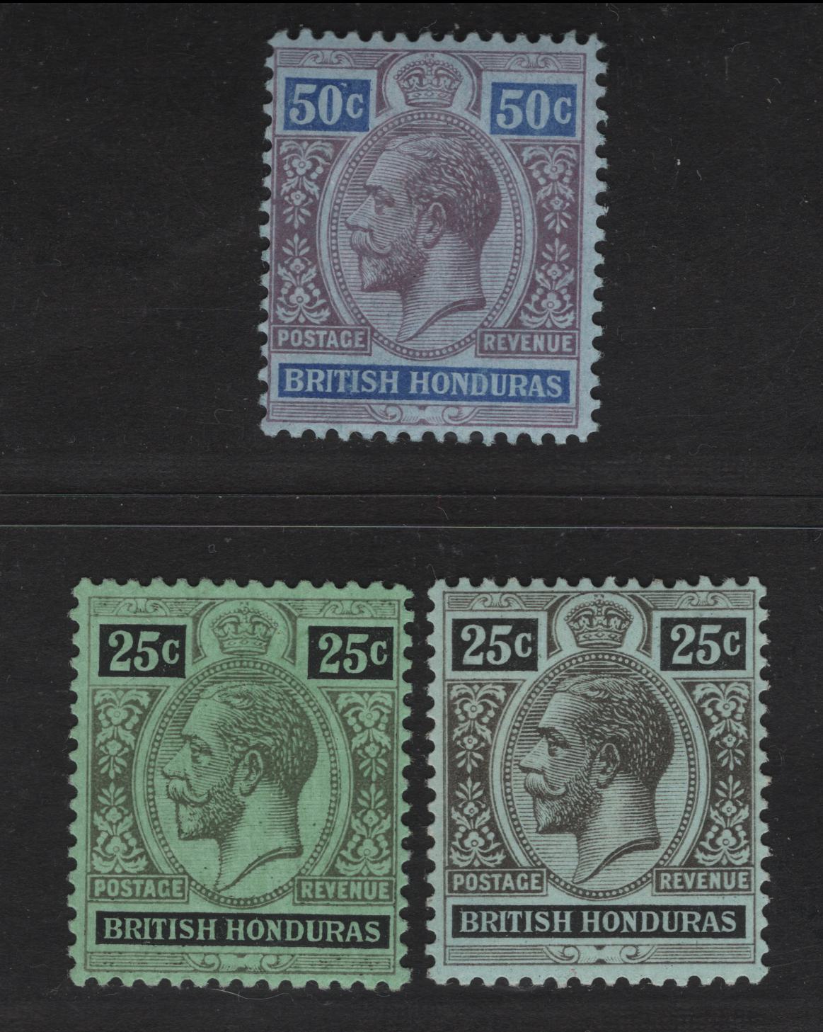 Lot 240 British Honduras SG#106a-b, 107 25c - 50c Black o nBlue Green - Purple & Blue on blue King George V, 1913-1921 KGV Imperium Keyplate Issue, 3 F/VFNH Singles