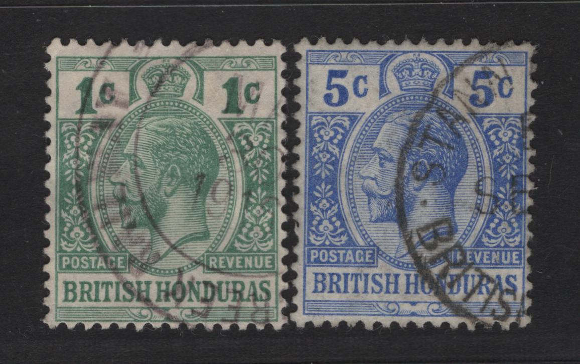 Lot 240A British Honduras SG#101a, 104 1c - 5c Green - Bright Blue King George V, 1913-1921 KGV Imperium Keyplate Issue, 2 Fine Used Singles, May 20 1918 Stann Creek Railway & Stan Creek Partial Strike