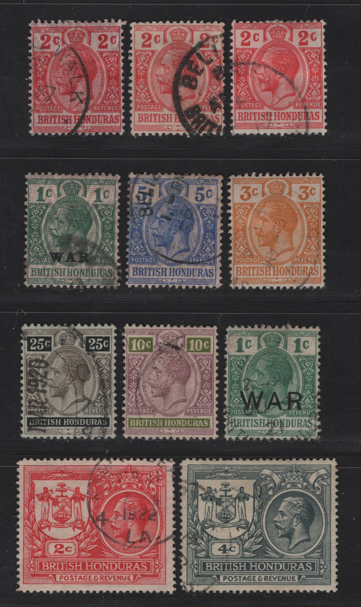 Lot 241 British Honduras SG#102a-b, 103-105, 106a, 112-114, 117a, 121, 123 2c - 4c Bright Scarlet - Slate King George V, 1913-1922 KGV Imperium Keyplate - Peace Issues, 8 Fine/Very Fine Used Singles, Multiple Crown CA Wmk