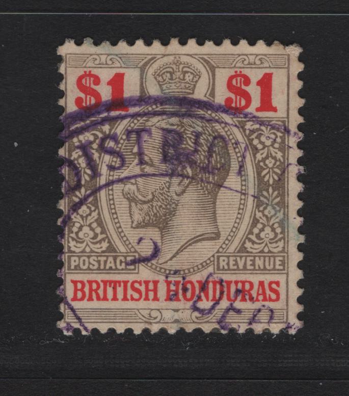 Lot 242 British Honduras SG#108 $1 Black & Carmine King George V, 1913-1921 KGV Keyplate Issue, A Fine Used Single, Multiple Crown CA Wmk, Fiscal Cancel