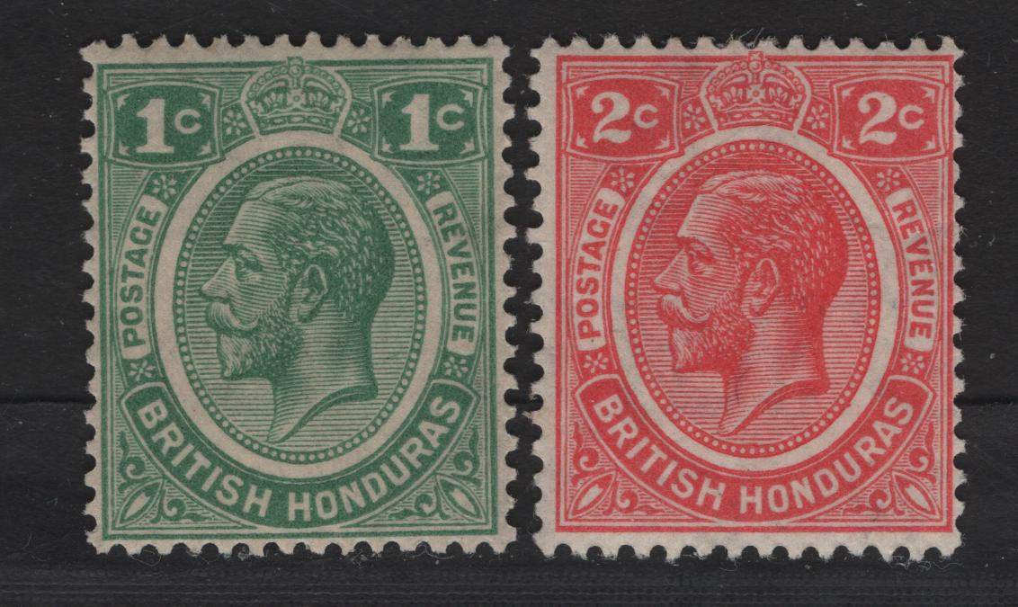 Lot 246 British Honduras SG#126, 128 1c - 2c Green & Rose Carmine King George V, 1922-1933 KGV Keyplate Issue, 2 FOG Singles, Script CA Wmk
