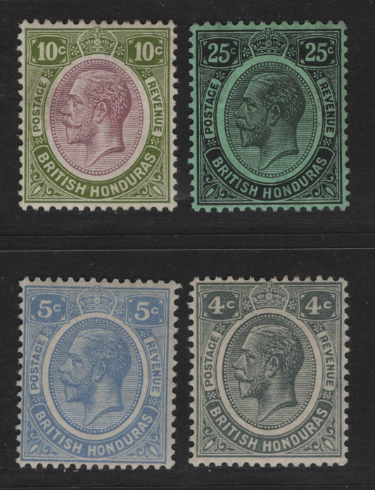 Lot 248 British Honduras SG#131a, 130, 132-133 4c - 25c Gray - Black on Emerald King George V, 1922-1933 KGV Keyplate Issue, 4 F/VFOG Singles, Script CA Wmk, The 5c Is Milky Blue Shade