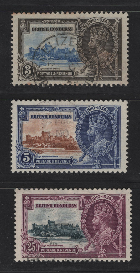 Lot 250 British Honduras SG#143, 145-146 3c - 25c Ultramarine & Gray Black - Slate & Purple KGV & Windsor Castle, 1935 Silver Jubilee Issue, 3 Fine/Very Fine Used Singles