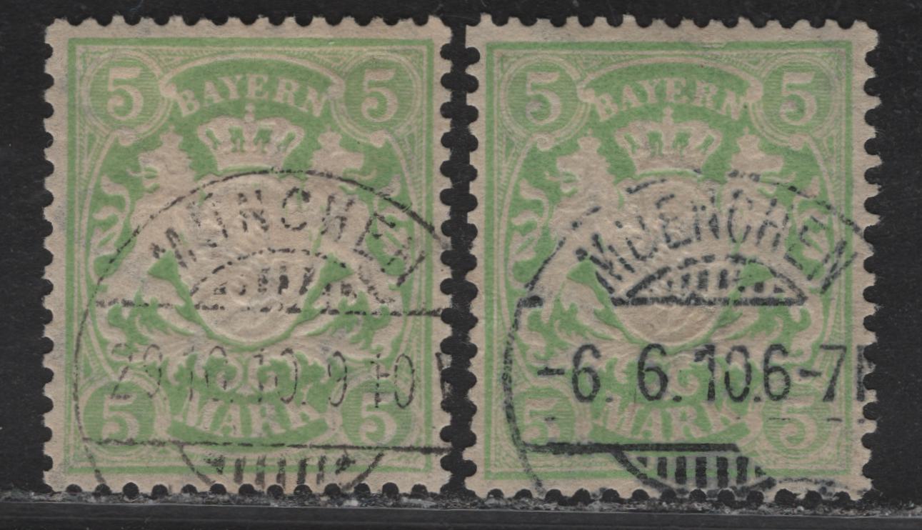 Lot 25 Bavaria #57 5m Yellow Green, 1881-1911 Embossed Arms Issue, 2 VF Used Singles On Toned Paper, Both With SON Munich Cancels Dated June 6 & Oct. 29, 1910