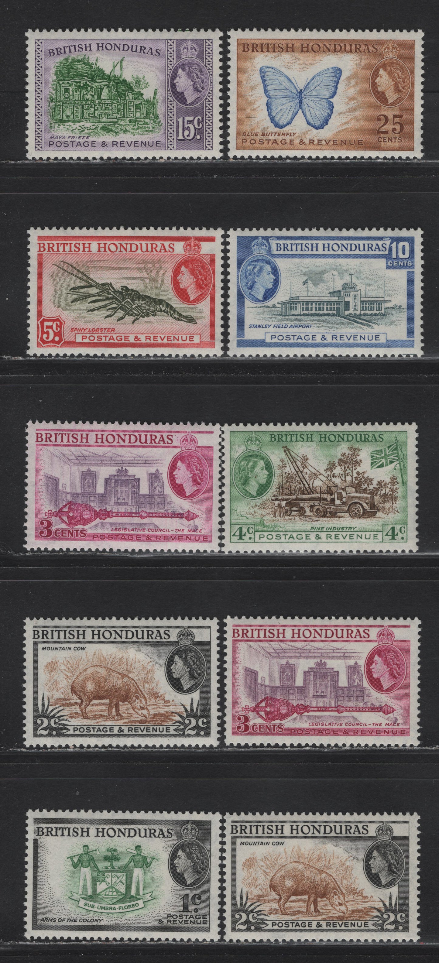 Lot 253 British Honduras SG#179-186, 180a, 181a 1c - 25c Green & Black - Bright Blue & Yellow Brown Queen Elizabeth II, 1953-1962 QE II Pictorial Issue, 10 VFNH Singles, Waterlow Printings Including Perf 14 2c & 3c, All NH Except Perf 14 2c