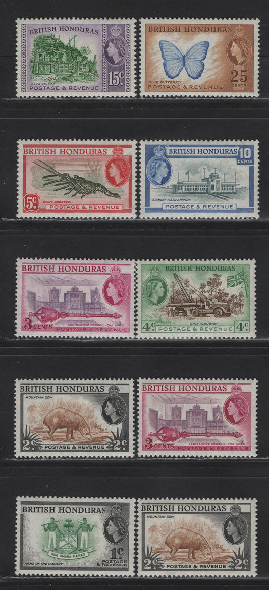 Lot 253 British Honduras SG#179-186, 180a, 181a 1c - 25c Green & Black - Bright Blue & Yellow Brown Queen Elizabeth II, 1953-1962 QE II Pictorial Issue, 10 VFNH Singles, Waterlow Printings Including Perf 14 2c & 3c, All NH Except Perf 14 2c