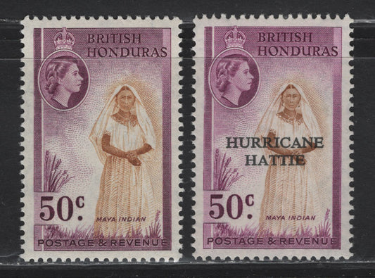 Lot 254 British Honduras SG#187a, 201 50c Pale Yellow Brown & Pale Purple & Normal Yellow Brown & Reddish Purple Queen Elizabeth II, 1953-1962 QE II Pictorial Issue, 2 VFNH Singles, Hurricane Hattie Overprint